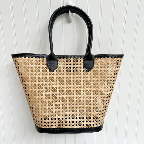 Bembien Valeria Rattan Leather Tote Tan Woven Summer Handbag Neutral - Picture 6 of 6
